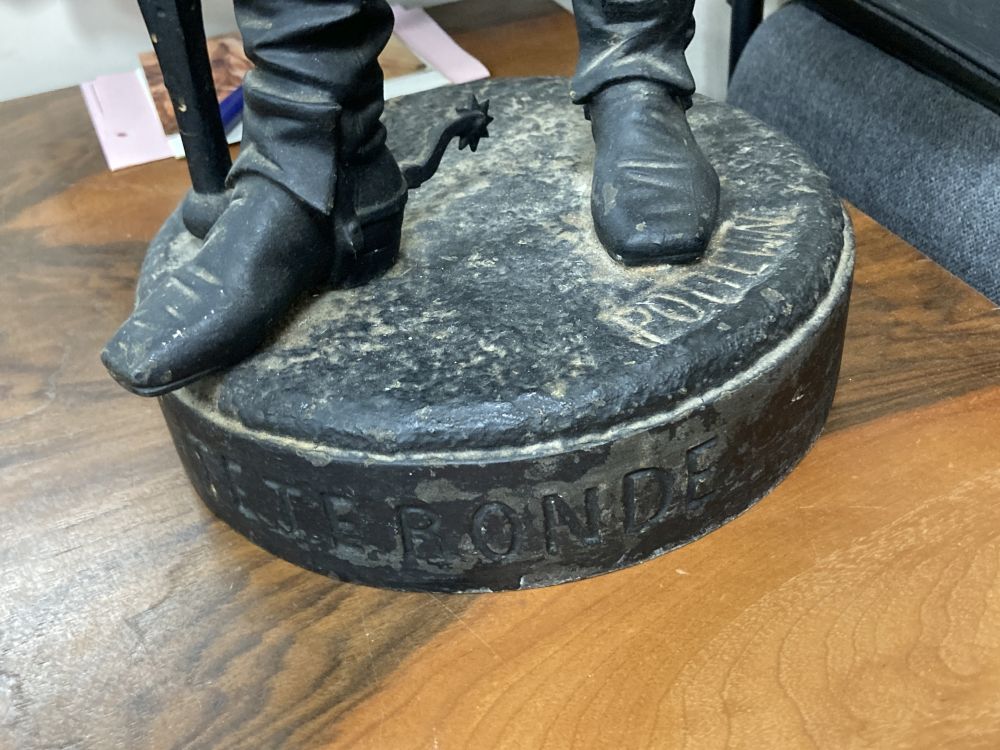 A large spelter cavalier lamp base, 100cm